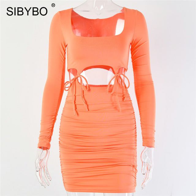 Hollow Out Drawstring Mini Sexy Women Dress(Long Sleeve)